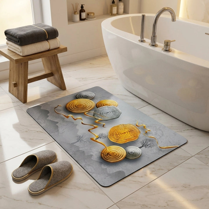 Zen Stone Wood Slice Bath Mat | Non Slip Absorbent Bathroom Rug Modern Spa Floor Mat