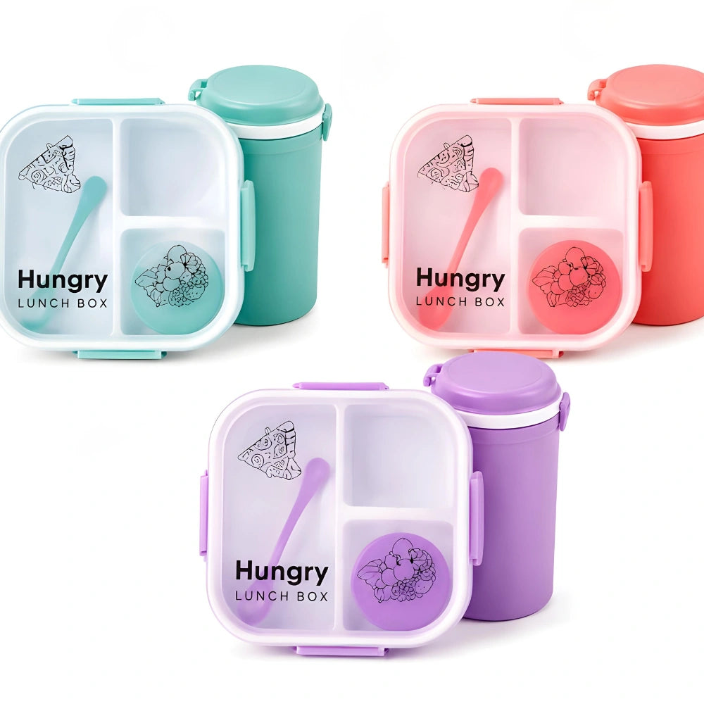 Lunch Box Set with Water Bottle & Spoon | 3 Compartment Leak-Resistant Lunch Box for Kids & Adults | BPA-Free Portable Tiffin Box