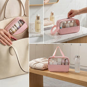 Transparent Makeup & Toiletry Organizer Bag Set | Waterproof Travel Cosmetic Storage Pouches with Handle (Pink)