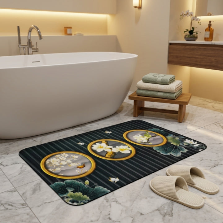 Luxury Floral Oval Anti-Slip Bath Mat | Soft Absorbent Quick Dry Bathroom Floor Rug | Modern Waterproof Door Mat