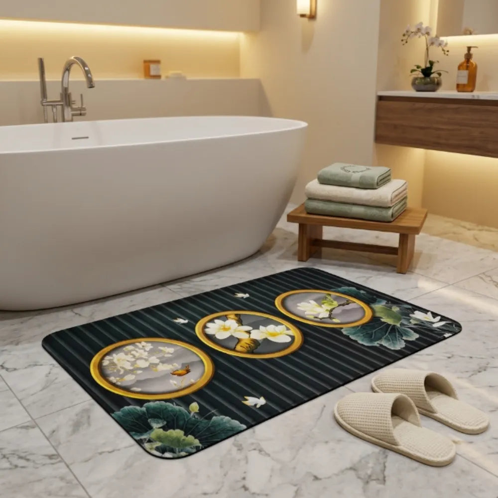 Luxury Floral Oval Anti-Slip Bath Mat | Soft Absorbent Quick Dry Bathroom Floor Rug | Modern Waterproof Door Mat