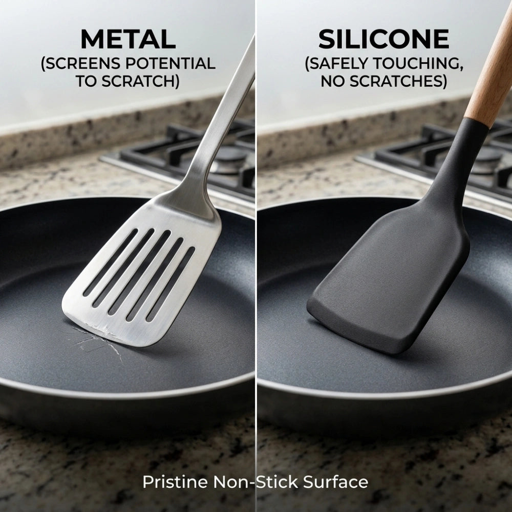 3-Piece Silicone Kitchen Utensil Set with Wooden Handles | Non-Stick Cooking Spatula, Turner & Soup Ladle, Heat Resistant Kitchen Tools