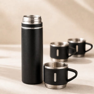500ml Vacuum Flask Gift Set with 3 Stainless Steel Cups | Double Wall Insulated Hot & Cold Thermos | Premium Travel Flask Combo
