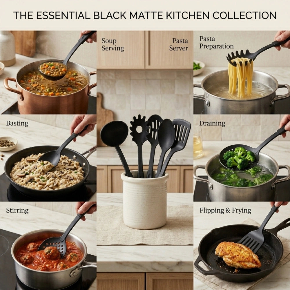 6-Piece Kitchen Utensil Set for Non-Stick Cookware | Heat Resistant Cooking Tools with Spatula, Turner, Ladle, Spaghetti Server & Spoons
