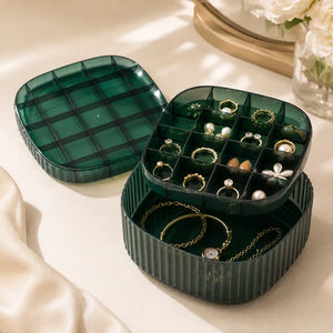 2-Layer Clear Acrylic Jewelry Organizer Box | Green Tray Storage for Earrings, Necklaces, Rings & Accessories | Dresser Organizer