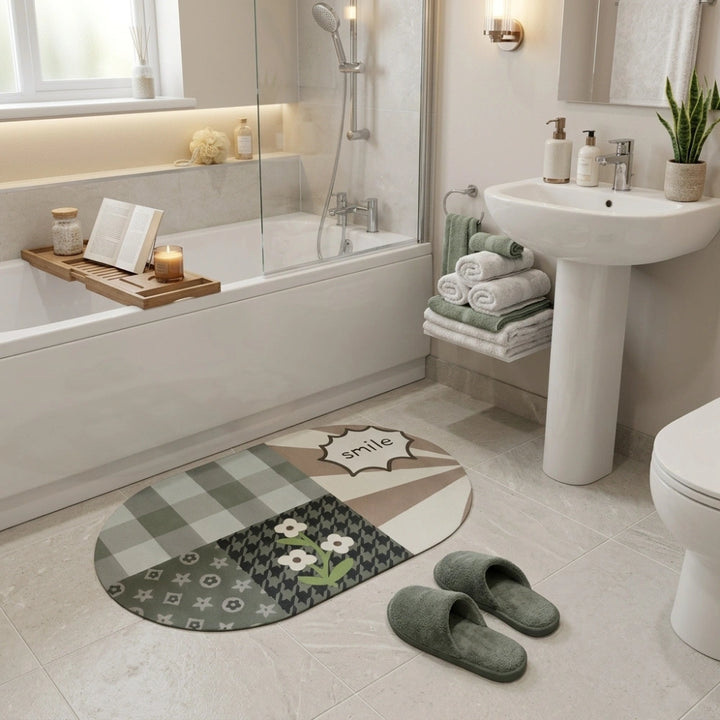 Smile” Patchwork Oval Bath Mat | Sage Green & Beige, Non‑Slip Quick‑Dry, Ultra‑Absorbent