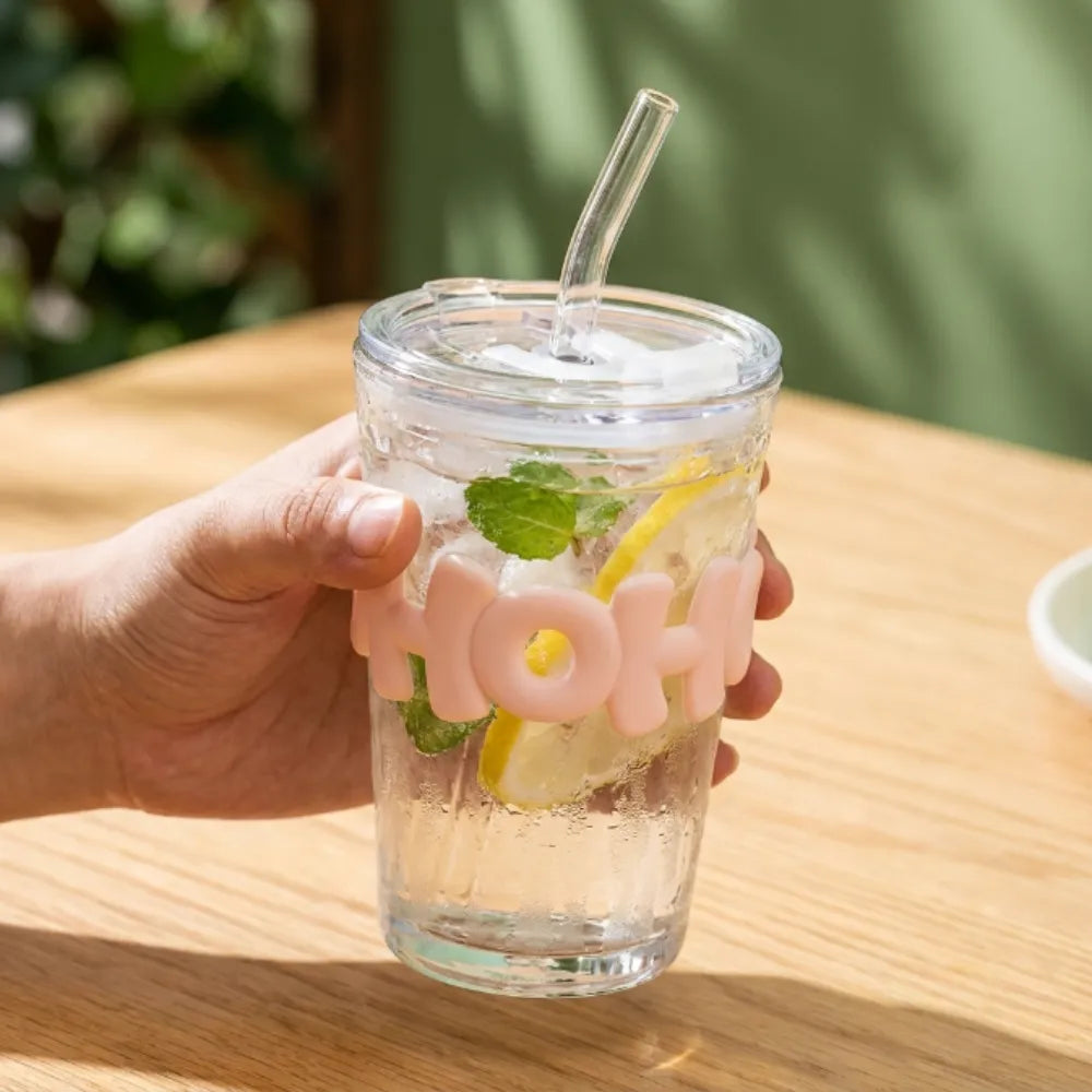 450ml HOHO Glass Cup with Lid & Straw | Glass Water Bottle with Silicone Sleeve | Iced Coffee & Cold Drinks Tumbler