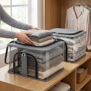 33 LTR Transparent Clothes Storage Box with Zipper & Carry Handle | Nylon PVC Moisture Proof Under Bed Wardrobe Organizer for Clothes, Blankets & Bedding