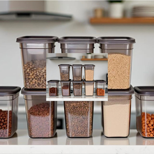 Airtight Kitchen Storage Containers | 1200ml Stackable Transparent Plastic Jars for Rice, Dal, Pulses & Dry Fruits with Grey Lid
