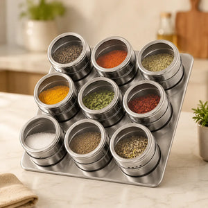 9PCS Stainless Steel Magnetic Spice Jar Set with Rack | Masala Storage Containers for Salt, Pepper & Seasonings