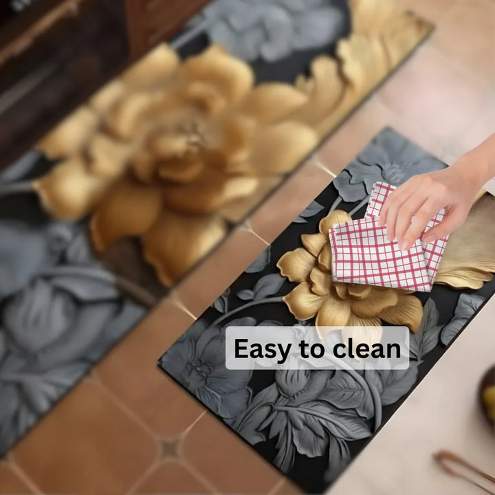 2-Piece 3D Black & Gold Floral Kitchen Mat Set – Luxury Non-Slip Anti-Fatigue Washable Runner Rugs for Kitchen & Hallway