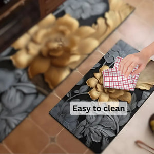 2-Piece 3D Black & Gold Floral Kitchen Mat Set – Luxury Non-Slip Anti-Fatigue Washable Runner Rugs for Kitchen & Hallway