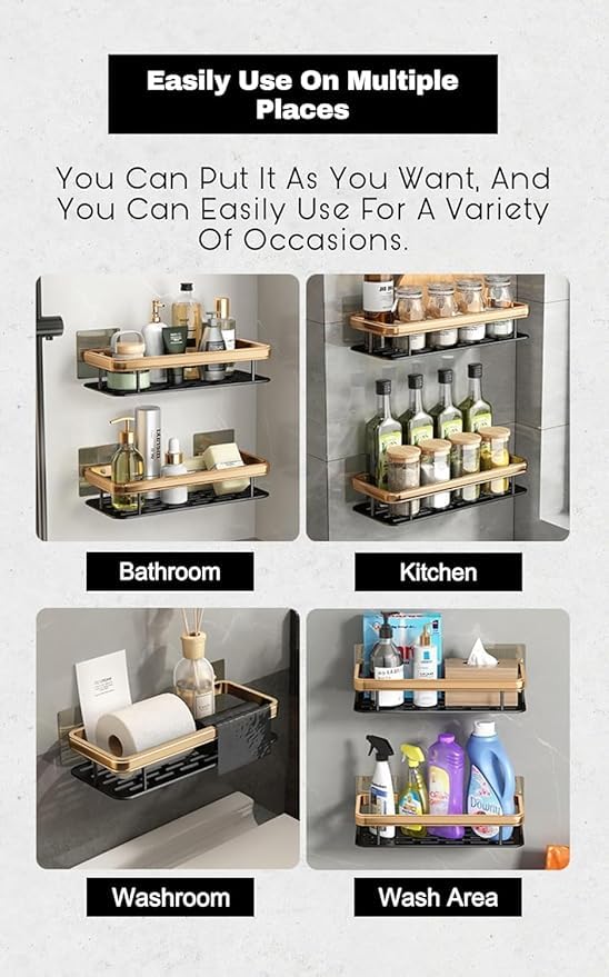 Bathroom Organizer Wall Mount Self Rack Black & Gold Aluminium Storage, Pack of 2