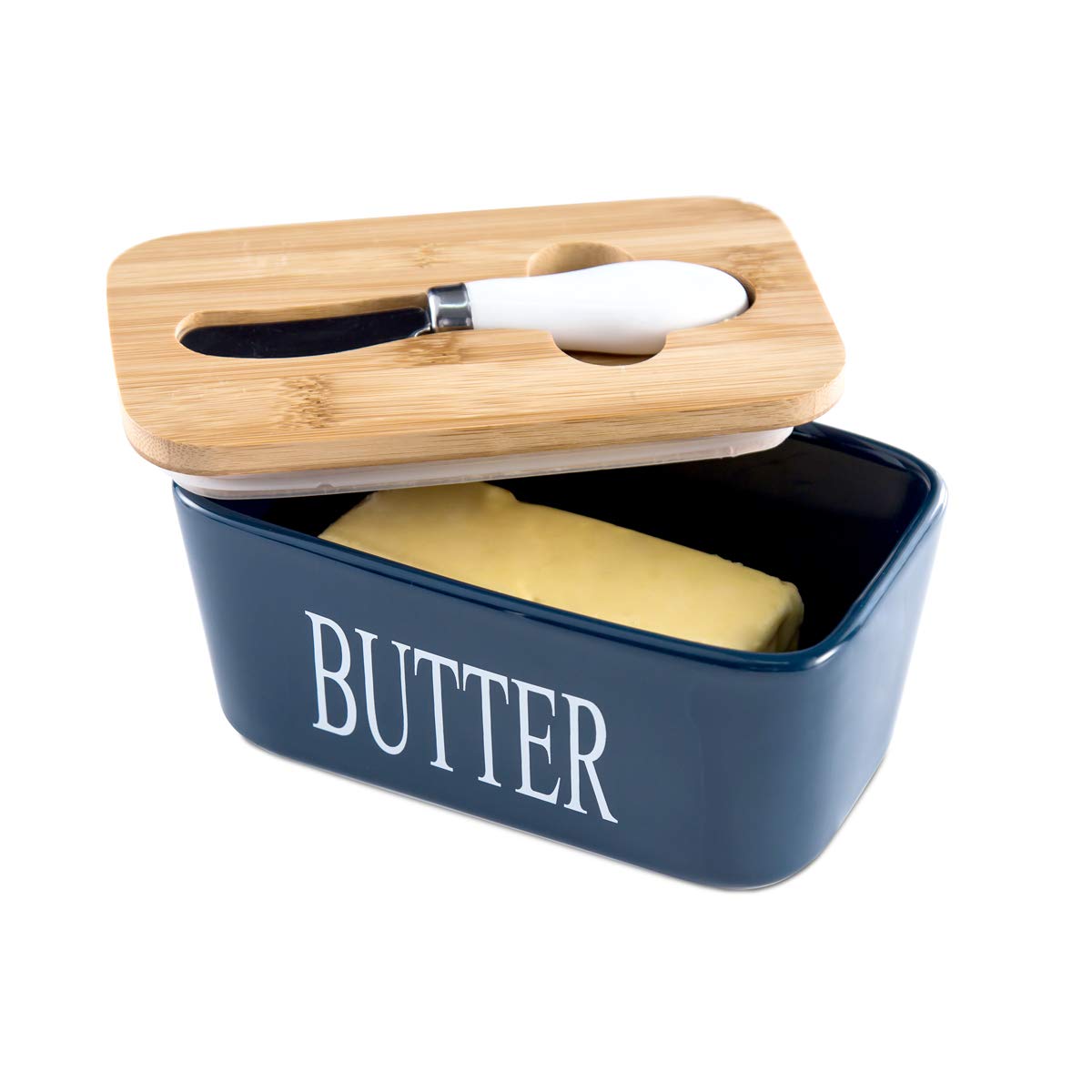 Ceramic Butter Dish With Lid & Knife – Airtight Butter Keeper Container with Silicone Seal for Countertop & Refrigerator