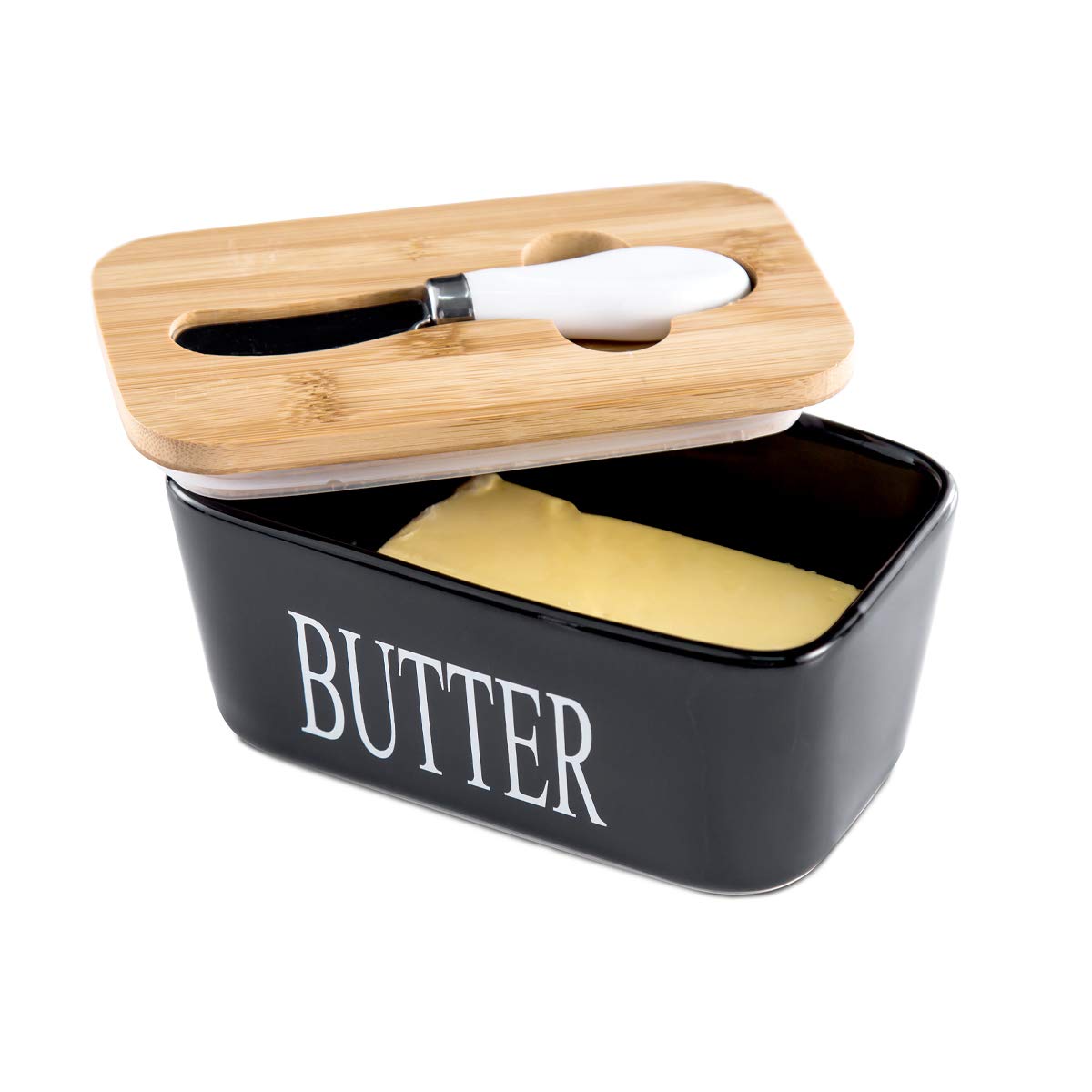 Ceramic Butter Dish With Lid & Knife – Airtight Butter Keeper Container with Silicone Seal for Countertop & Refrigerator