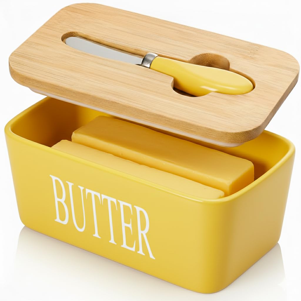 Ceramic Butter Dish With Lid & Knife – Airtight Butter Keeper Container with Silicone Seal for Countertop & Refrigerator