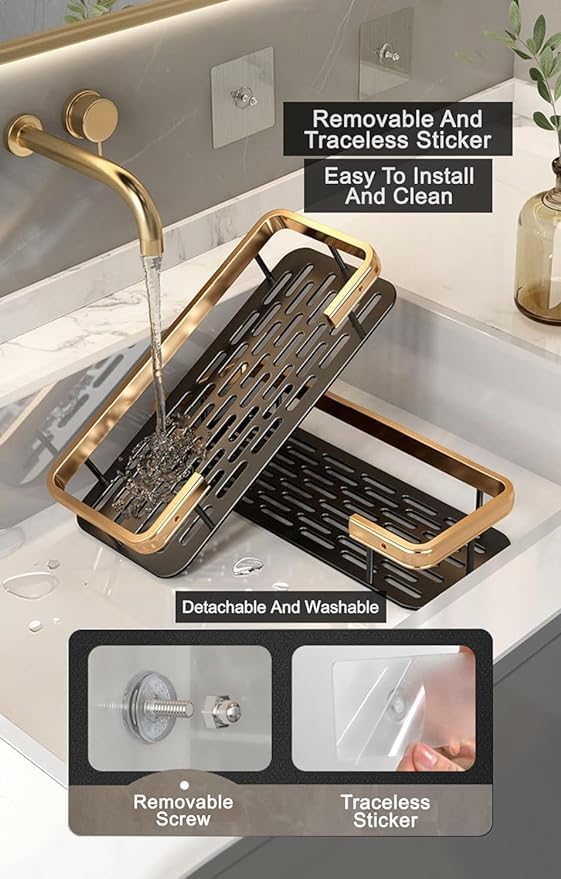 Bathroom Organizer Wall Mount Self Rack Black & Gold Aluminium Storage, Pack of 2