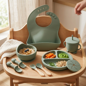 Silicone Baby Feeding Set | Complete Baby-Led Weaning Kit with Bib, Suction Bowl, Divided Plate, Cup, Spoon & Fork