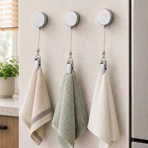 Stainless Steel Retractable Towel Holder Clips | No-Drill Self-Adhesive Wall Mounted Kitchen & Bathroom Towel Hanger Hooks