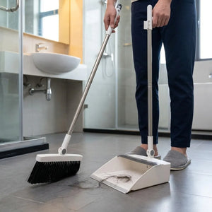 Long Handle Broom & Dustpan Combo Set | Upright Standing Sweep Set with Self-Cleaning Scraper | Home, Office & Floor Cleaning