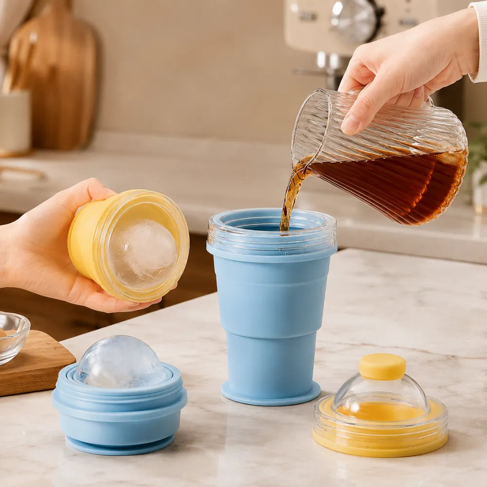 2-in-1 Collapsible Silicone Ice Ball Maker Cup with Straw & Lid | Reusable Ice Sphere Mold for Whiskey, Iced Coffee, Gym & Travel