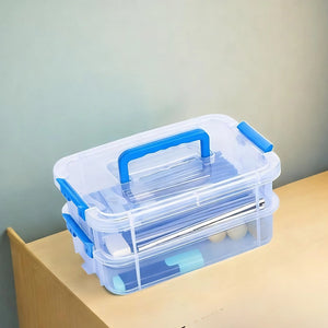 2 Layer Clear Plastic Storage Box with Lid & Handle | Portable Stackable Organizer for Stationery, Crafts, Sewing & Art Supplies