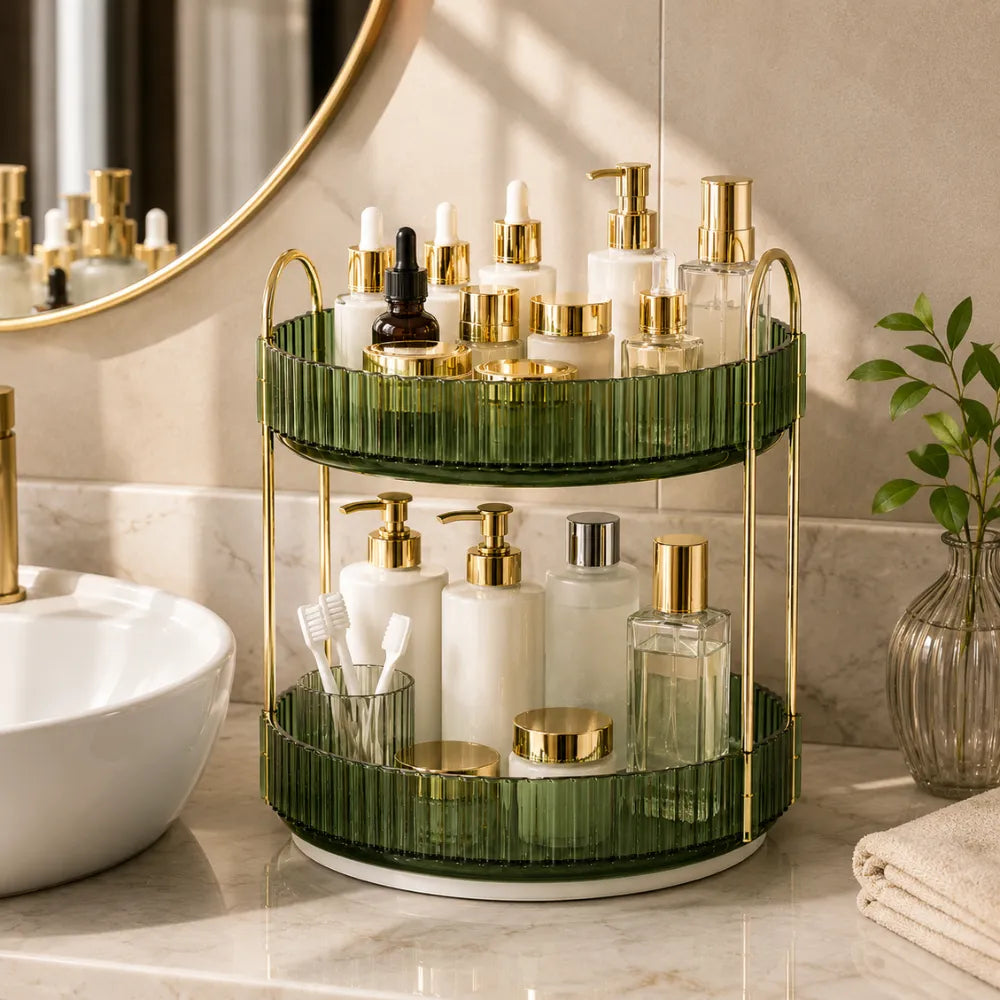 2-Tier 360° Rotating Makeup Organizer | Cosmetic, Skincare & Perfume Storage Holder | Bathroom Vanity & Dressing Table Organizer