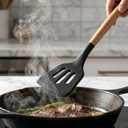 3-Piece Silicone Kitchen Utensil Set with Wooden Handles | Non-Stick Cooking Spatula, Turner & Soup Ladle, Heat Resistant Kitchen Tools