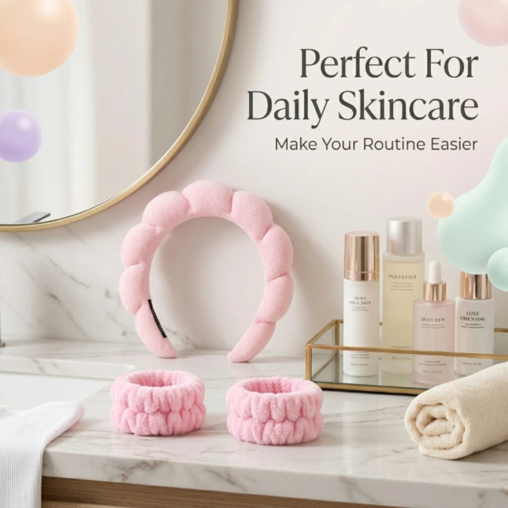 Spa Headband & Wristband Set for Face Washing | Soft Cloud Makeup Headband with Absorbent Wrist Wash Bands for Skincare, Spa, Makeup & Beauty Routine