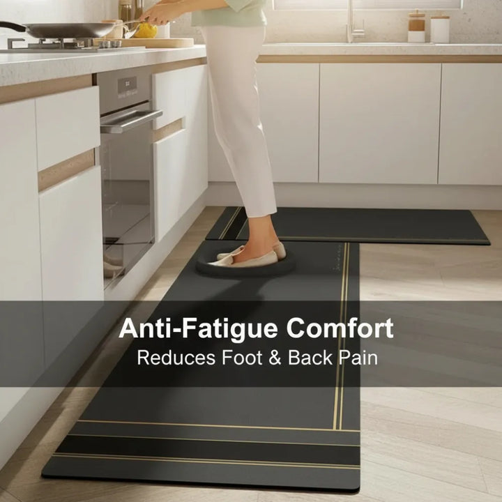 2-Piece Black & Gold Line Kitchen Mat Set | Luxury Non-Slip Waterproof Anti-Fatigue Runner Rugs for Kitchen & Office