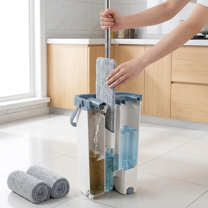Flat Mop & Bucket Set with Self-Wringing System | 360° Flexible Microfiber Floor Mop | 2 Reusable Pads for Home, Kitchen & Office Cleaning