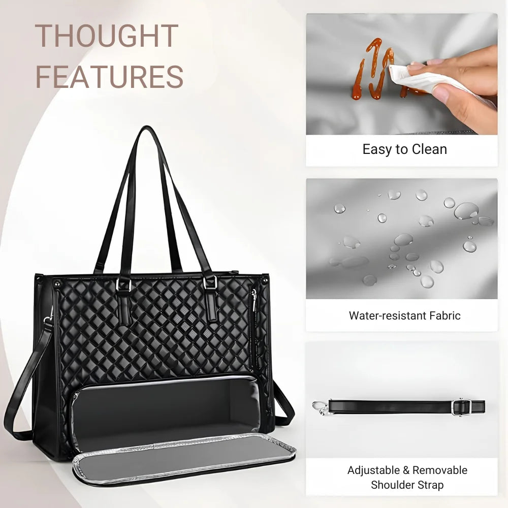 Elegant Laptop Tote Bag with Insulated Lunch Compartment | Stylish Quilted Work Shoulder Bag for Women, Office & Travel