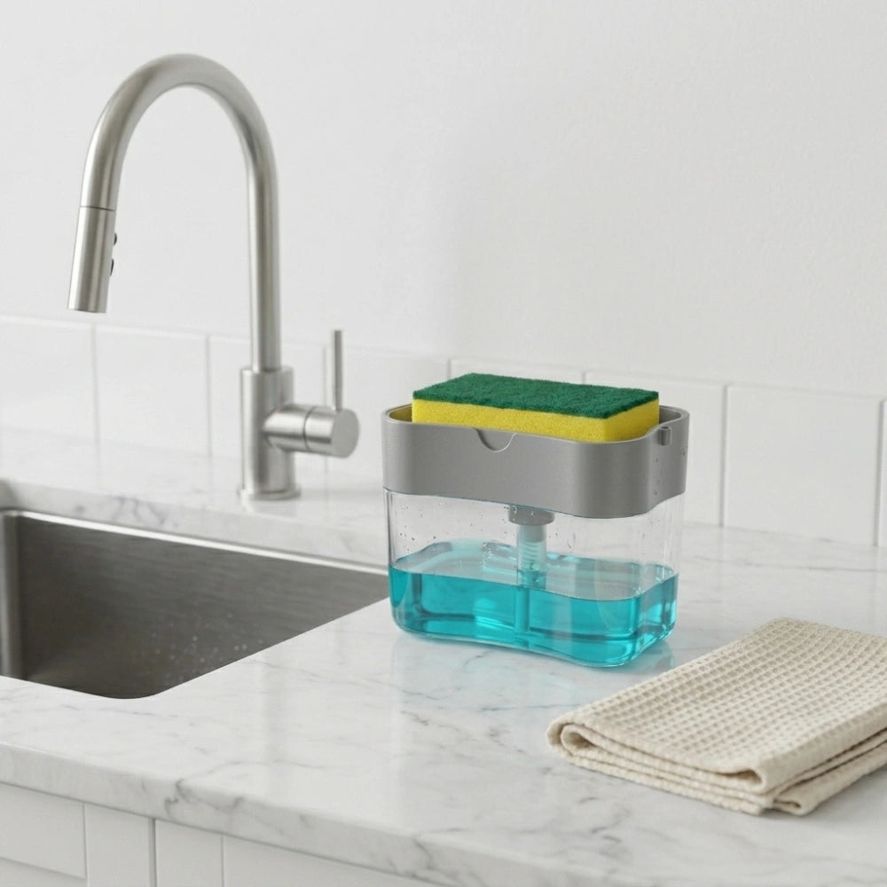 2 in 1 Kitchen Soap Dispenser with Sponge Holder | Liquid Dishwashing Pump for Sink & Bathroom Use