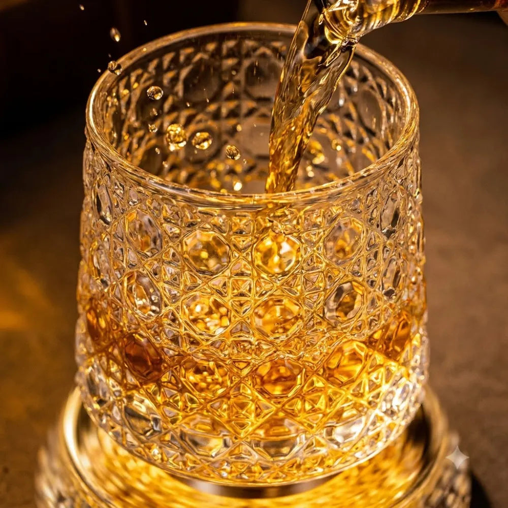 LED Rotating Whiskey Glasses 300ml – Pack of 2 | Crystal Cut 360° Spinning Rocks Glasses with LED Base for Whiskey, Scotch & Cocktails