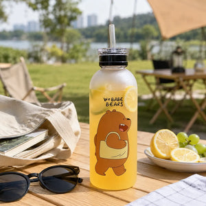 1000ml Cute Bear & Panda Sports Water Bottle with Straw | BPA-Free Frosted Plastic Bottle with Wrist Strap | Wide Mouth Drinking Bottle