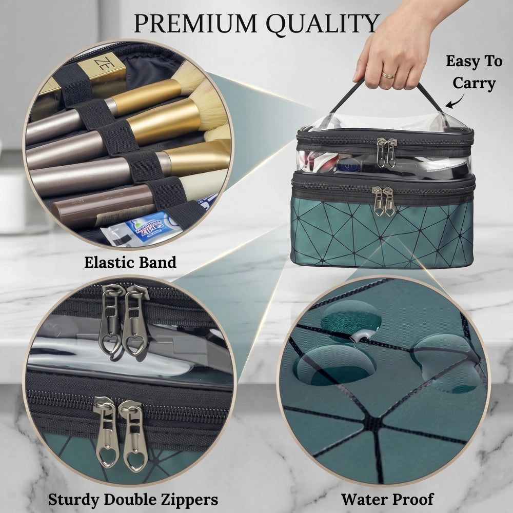 Double Layer Makeup Organizer Bag – Large Travel Cosmetic Storage Pouch with Zipper