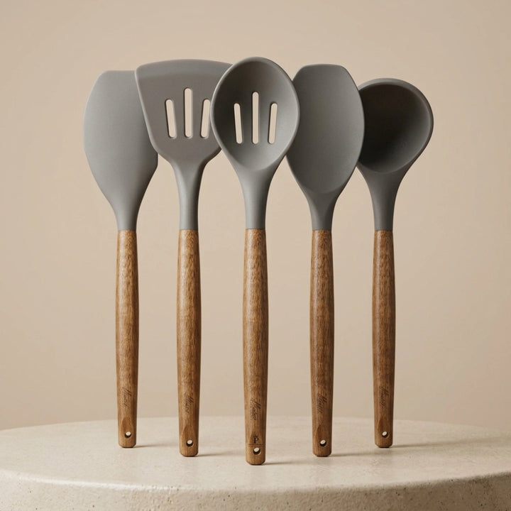 5-Piece Silicone Kitchen Utensil Set with Wooden Handles | Non-Stick Cooking Spatulas, Turner, Serving Spoon & Soup Ladle, Heat Resistant Kitchen Tools