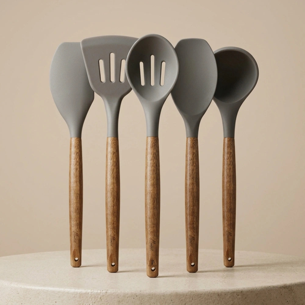 5-Piece Silicone Kitchen Utensil Set with Wooden Handles | Non-Stick Cooking Spatulas, Turner, Serving Spoon & Soup Ladle, Heat Resistant Kitchen Tools