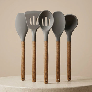 5-Piece Silicone Kitchen Utensil Set with Wooden Handles | Non-Stick Cooking Spatulas, Turner, Serving Spoon & Soup Ladle, Heat Resistant Kitchen Tools