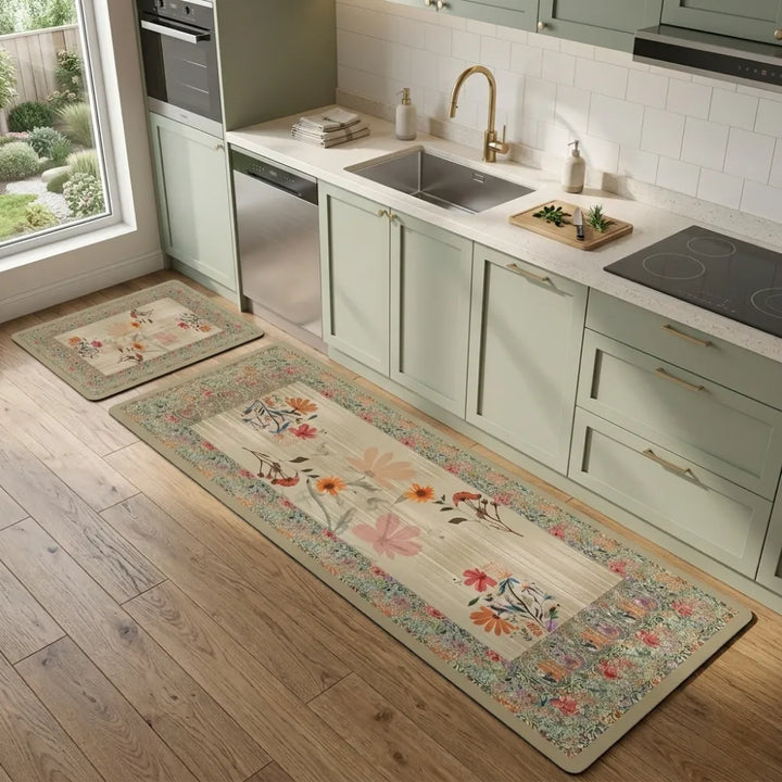2-Piece Floral Kitchen Mat Set | Decorative Non-Slip Cushioned Anti-Fatigue Rugs for Kitchen, Sink & Office Floor