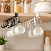 Double Row Under Cabinet Cup Holder Rack with 12 Hooks | Metal Mug & Coffee Cup Hanging Organizer | Kitchen Towel Holder