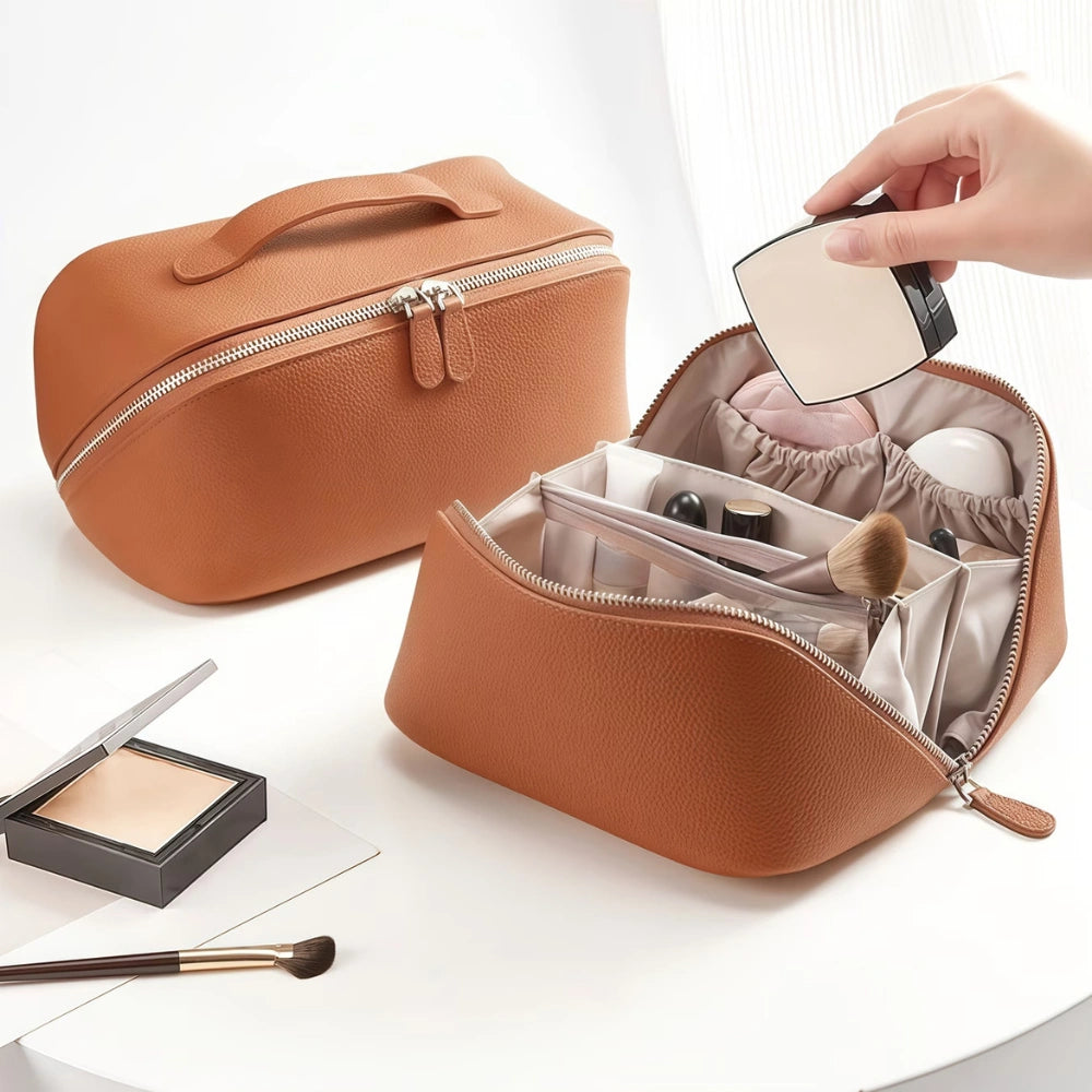 Leather Makeup Travel Bag | Cross Open Cosmetic Organizer with Handle & Divider, Spacious Storage for Beauty Essentials