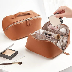 Leather Makeup Travel Bag | Cross Open Cosmetic Organizer with Handle & Divider, Spacious Storage for Beauty Essentials