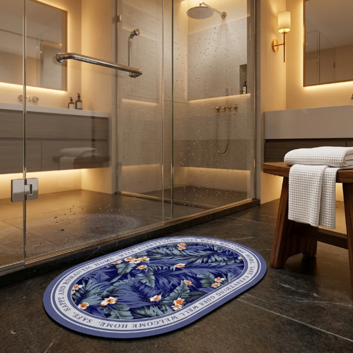 Floral Oval Bathroom Floor Mat Set | Soft Non-Slip Absorbent Bath Rug Modern Decorative Washable Door & Bathroom Mat