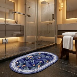 Floral Oval Bathroom Floor Mat Set | Soft Non-Slip Absorbent Bath Rug Modern Decorative Washable Door & Bathroom Mat