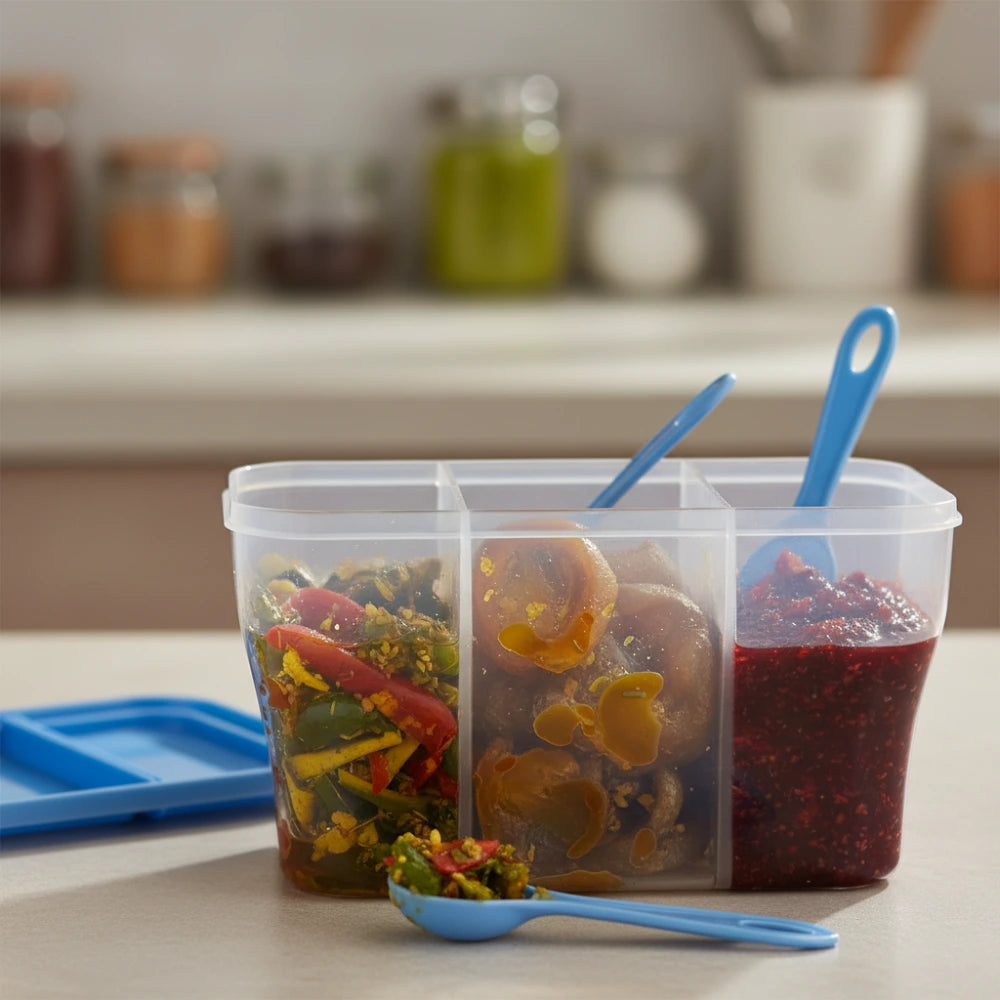 3-in-1 Multipurpose Masala Box with Airtight Containers & 3 Spoons | Transparent Kitchen Storage for Spices, Dry Fruits & Grocery