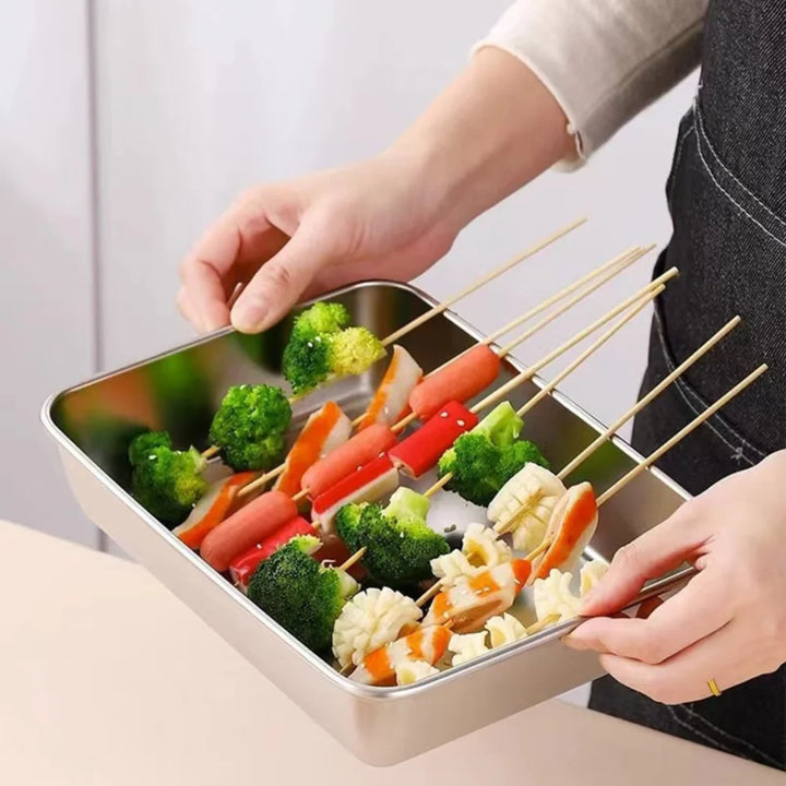 Stainless Steel Square Plate with Lid | Heavy-Duty Food-Grade Baking & Storage Tray, Thickened Metal Dish with Leak-Proof Clear Lid for Oven & Kitchen Use