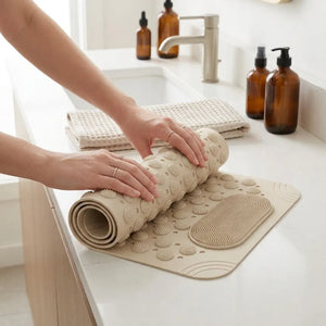 Anti-Slip PVC Bath Mat with Foot Scrubber & Massager | Quick-Dry Shower Mat with Suction Cups | Beige Bathroom Mat (70 X 35 CM)