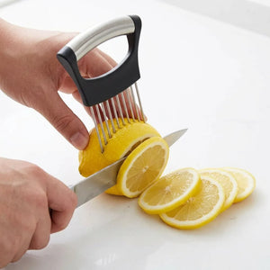 Stainless Steel Onion Holder & Slicer | 10-Prong Vegetable Cutter for Onion, Tomato, Lemon & Fruits | Easy Grip Kitchen Tool