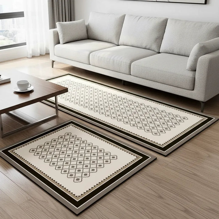 2-Piece Black & White Geometric Kitchen Mat Set | Non-Slip Anti-Fatigue Washable Runner Rugs with Elegant Tile Pattern for Kitchen & Hallway